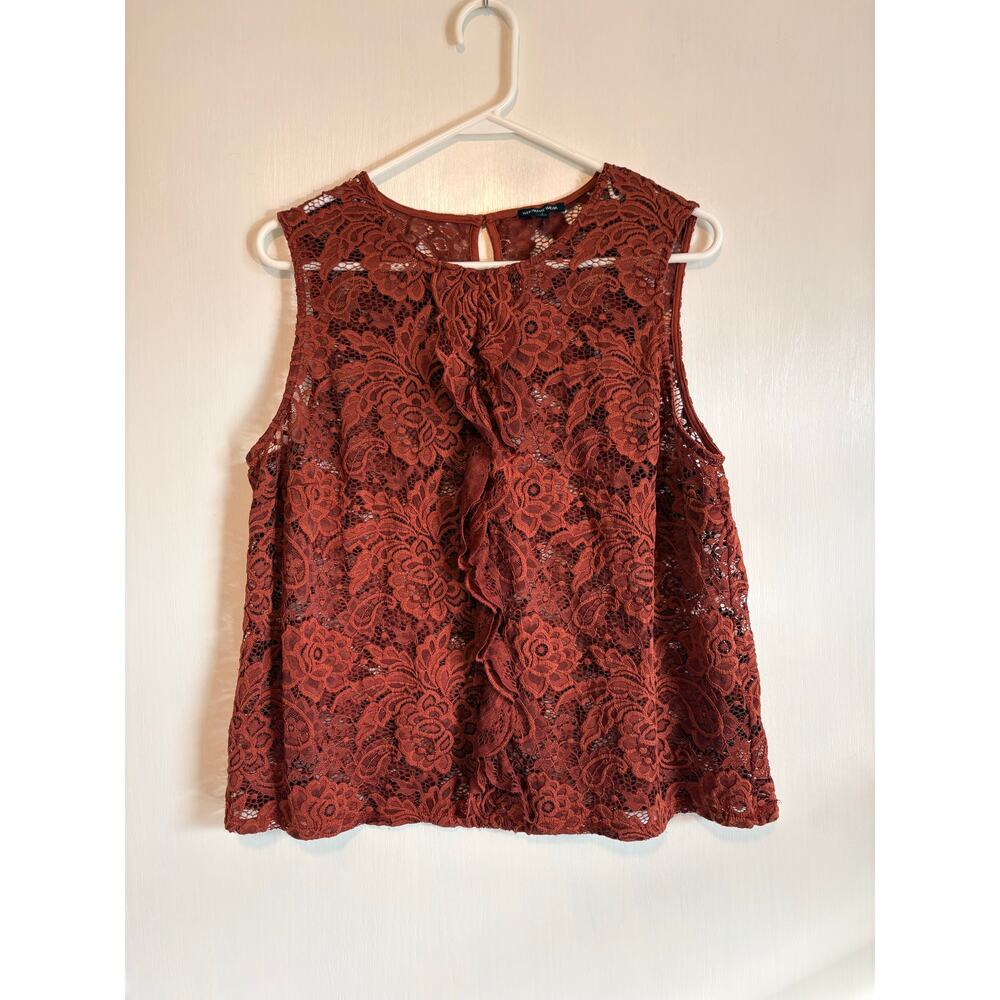 Whowhatwear Brown Lace Sleeveless Top Ruffle Sheer Large Romantic Coquette - Picture 2 of 7
